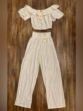 NWT ELAN Crop Top/Pants Tribal Aztec Print Metallic Gold Boho Beach Sz Sm